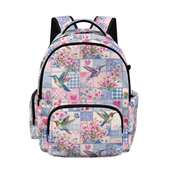 Whosucclay Hummingbird Patchwork Print Student Daypack for Girls Boys, Lightweight School Bag High School College Middle School with Large Capacity Zipper Pocket
