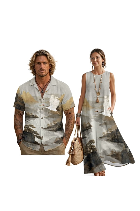 Japanese Crane Mountain Moon Print Cotton Linen Couple Matching Outfit Men's Short Sleeve Shirt Women's Sleeveless Maxi Dress Aloha Beach Vacation Clothing for Husband Wife, 3XL