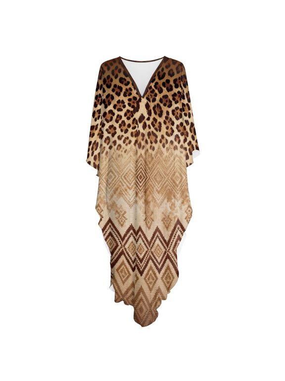 Kaftan Dress Plus Size Maxi Caftan Cover Up Caftan Long Cover Up, Oversized Batwing Sleeve Cover Up Dress, Leopard Geometric