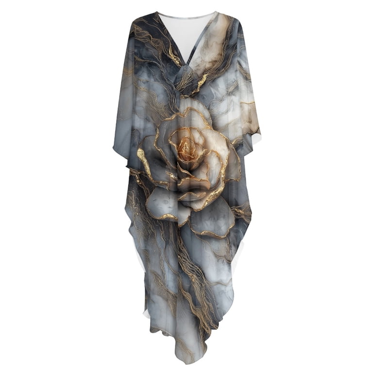 Whosucclay Kaftan Dress Plus Size Soft Kaftan Swim Cover Up Bathing Suit Cover Up, Loose Fit Oversized Caftan Maxi Dress, Grey Marble Print, Women's