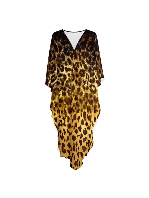 Leopard Print, Kaftan Maxi Cover Up Dress for Women Lightweight Muumuu Dress V Neck Lightweight Cover Up Dress for Resort Wear, Hawaiian Beach