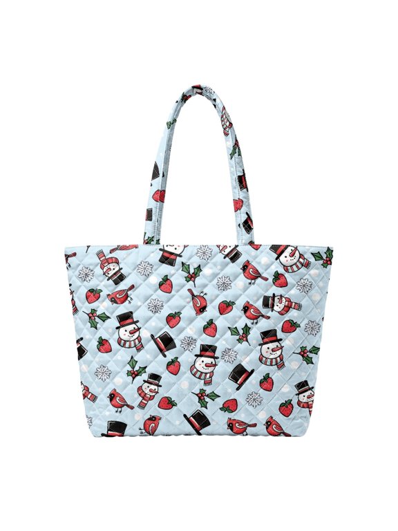 Light Blue Christmas Print Quilted Tote Bag, 11.41" Drop Handle, Featherweight Stylish Carryall for Daily Use Holiday Shopping
