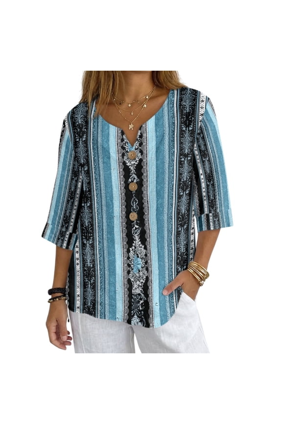 Loose Fit Imitation Linen-Like Blouse, Vertical Stripe Print V Neck Button Down Ladies Half Sleeve Blouse for Vacation Spring Summer, Size Medium