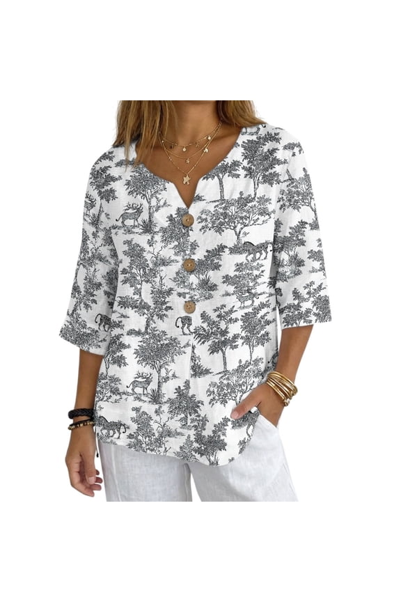 Loose Fit Imitation Linen-Like Blouse for Vacation Holiday, Black White Toile Casual V Neck Women's Blouse 3/4 Sleeve, Size Medium