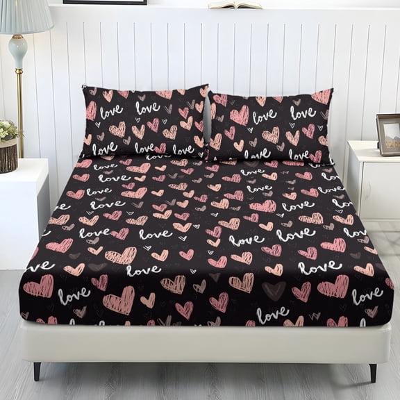 Whosucclay Love Heart Print Snug Fit 3 Piece Fitted Bedding Set with Household for Boys Girls, Wrinkle Free Soft Deep Pockets Fitted Sheet Set, Twin Size
