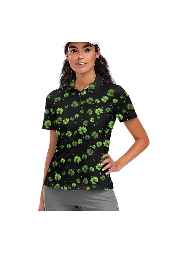 Lucky Clover Pattern Athletic Shirt, Half-Zip Moisture Wicking Elastic Polo Shirts for Tennis Golf Sport Lightweight Size Medium