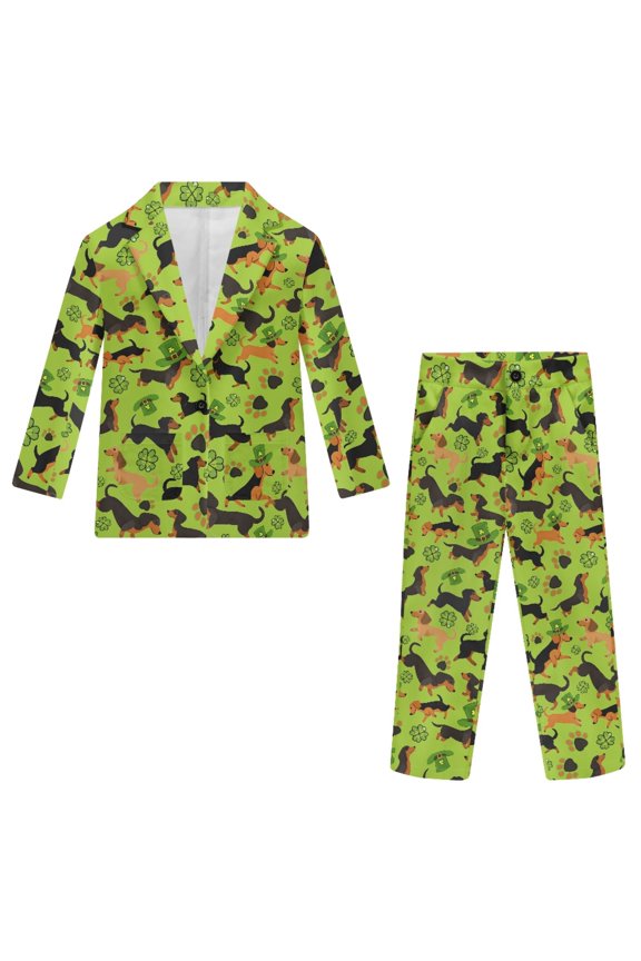 Lucky Hat Dachshund Pattern Breathable Boys Suit, 2 Piece Boys Suit Set Dual Front Patch Pockets Polyester Kids Suits for Photograph Party