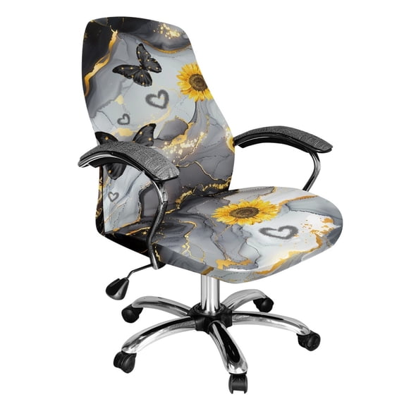 Whosucclay Marble Butterfly Sunflower Pattern Office Chair Cover, Non Slip Computer Chair Slipcovers Protective Desk Chair Cover High Back Chair Slipcover with Elastic Bottom-L