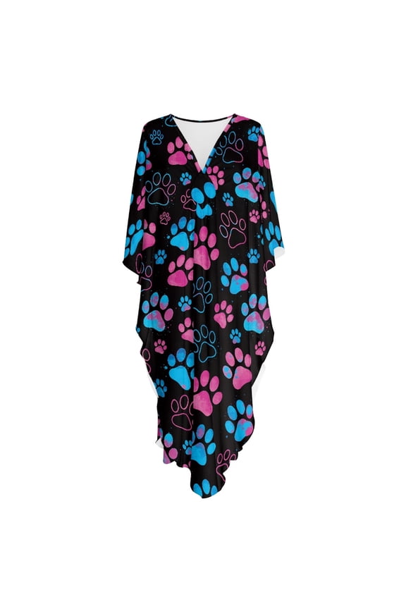 Maxi Dress Plus Size Breathable Loungewear Swimsuit Cover Up, V Neck Batwing Sleeve Loose Fit Kaftan Maxi Dress, Neon Pink & Blue Paw Print Pattern