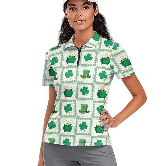 Whosucclay Moisture Wicking Golf Polo Tops, Clover Pattern Polyester Lightweight Quarter Zip Athletic Tops for Tennis Bowling Going Size XX-Large