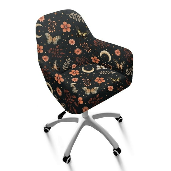 Whosucclay Moon Flower Butterfly Leaf Print Curved Back Chair Covers with Arms, Anti Wrinkle Elastic Office Chair Slipcovers Thick Bar Stools Covers Modern Swivel Armchair Cover Protector