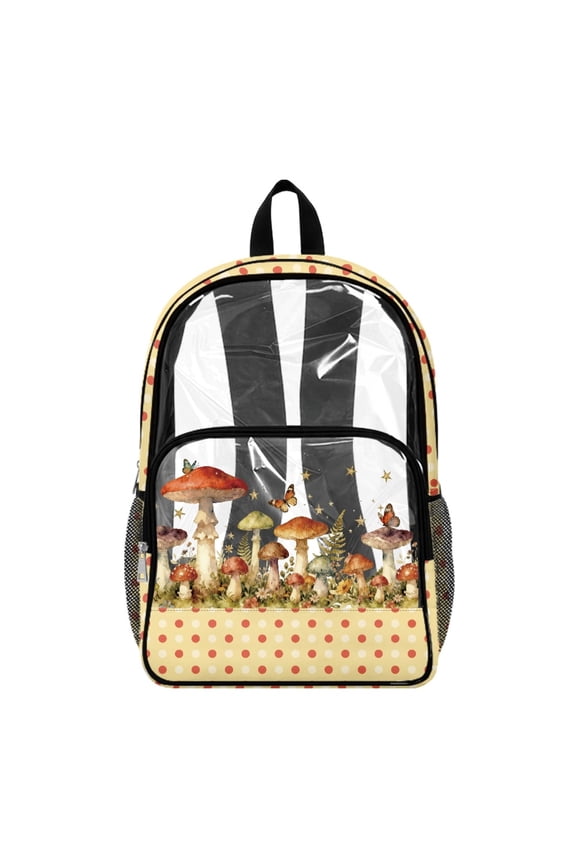 Mushroom Forest Stars Transparent Backpack Clear Backpack with Adjustable Straps PVC Polyester, Elementary Laptop Backpack for Girls Boys