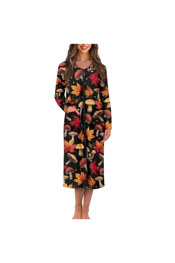 Mushroom Maple Leaf Print Women Nightgowns Long Sleeve Housecoats Zip Up Robe Full Length Sleep House Dress Crew Neck Bathrobe with 2 Pockets for Women Autumn Decor, S