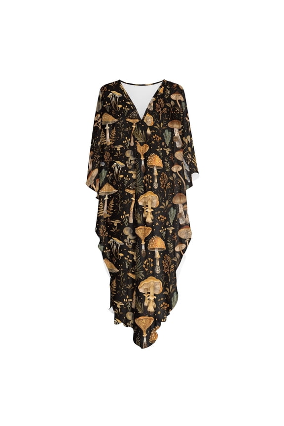 Mushroom Pattern, Kaftan Beach Cover Up Dress for Women Flowy Muumuu Dress Plus Size Hawaiian Kimono Style Maxi Dress for Resort