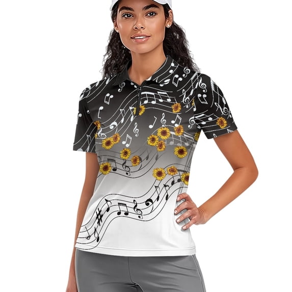 Whosucclay Music Notes Sunflowers Elastic Women Zip Golf Shirts, Polyester Polo Shirts Moisture Wicking Easy Match Tennis Shirts for Outdoor Bowling Travel Size X-Large