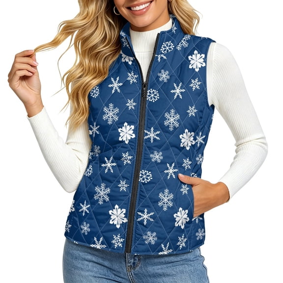 Whosucclay Navy Snowflake Print Quilted Puffer Vest, Stand Collar Windproof Sleeveless Jacket with Zipper Closure, Slanted Pockets Lightweight Padded Outwear for Winter Casual