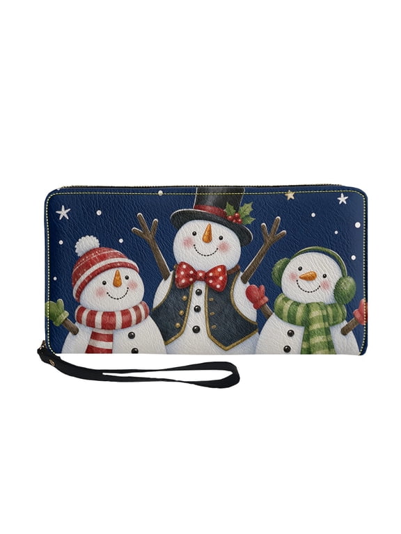 Navy Snowman Trio Print Wrist Strap Clutch PU Leather Zippe Purse for Mobile Phone, Large Capacity Card Cash Organizer for Holiday, Daily, Travel Use