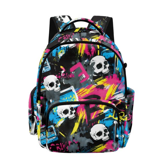 Whosucclay Neon Skull Graffiti Print 17 Inch Kids Backpack, Lightweight Student Backpack for Boys Girls, Large Capacity Multi Pocket Rucksack for Middle School