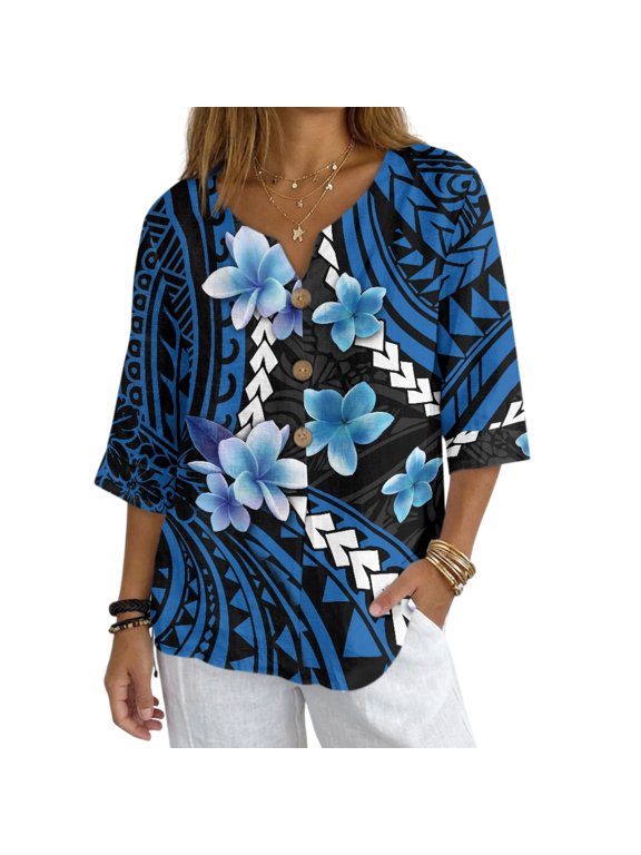 Non Elastic Imitation Linen-Like Blouse, Blue Floral Button Down Breathable Women's Top for Outdoor Camping Vacation, Size XX-Large