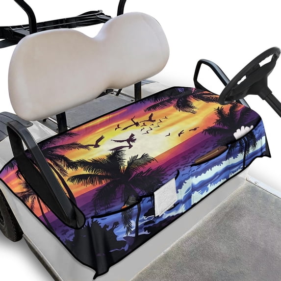 Whosucclay Non-slip Golf Cart Seat Cover for All Weather Outdoors, Foldable Design 4 Front Pockets Golf Cart Seat Protector, Ocean Sunset Beach