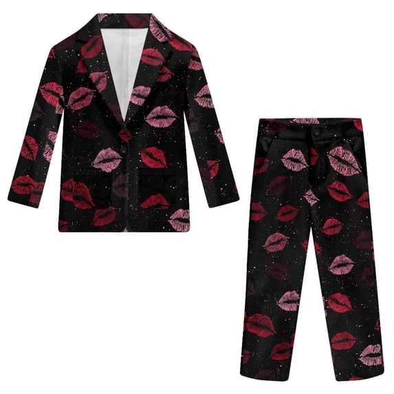 Whosucclay One Button Boys Suit for Ring Bearer Prom, Polyester Elastic Waist Single Button Boys Suit Set, Red Lip Print