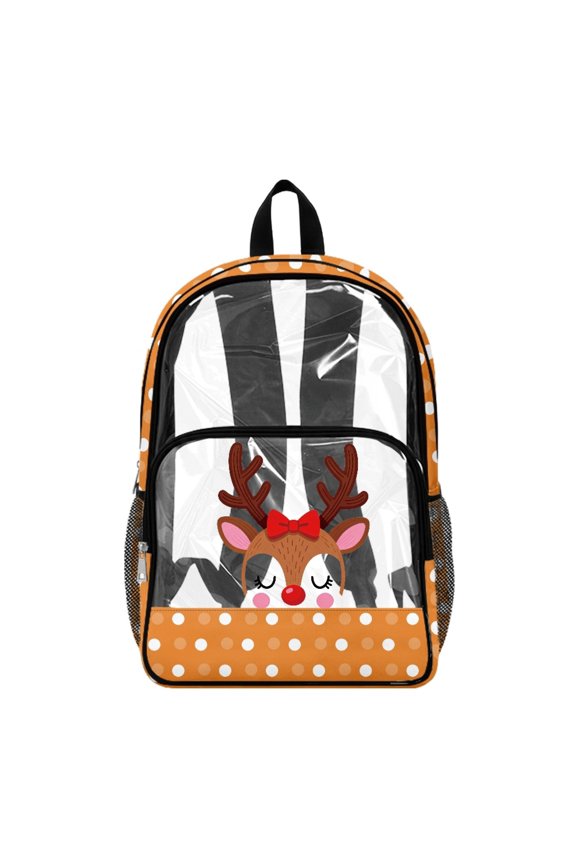 Orange Polka Dots Deer Design 17 Inch Daypack, Schoolbag for Girls Boys, Transparent Side Net Pocket Design Transparent Backpack for Elementary