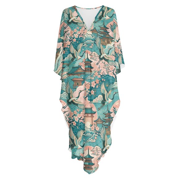 Whosucclay Pagoda Bird Print, Bathing Suit Cover Up for Women Loose Fit Mumu Dress Plus Size Lightweight Flowy Kaftan Maxi Dress for Vacation