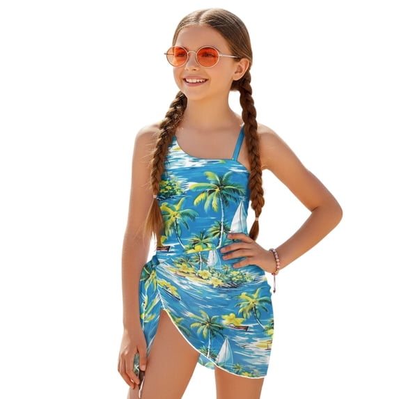 Whosucclay Palm Tree Girls One Piece Swimsuits, Polyester Material Adjustable Straps Padded Girls One Piece Swimsuit with Mesh Cover Up for Swimming, 13-14 Years Old