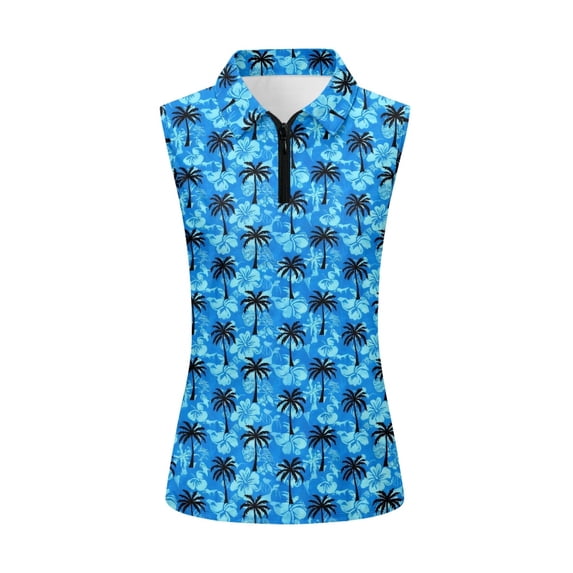 Whosucclay Palm Tree Hibiscus Design Athletic Shirt for Women, Breathable Zip Up for Golf Running, Stretchy Sleeveless Sleeveless Shirts