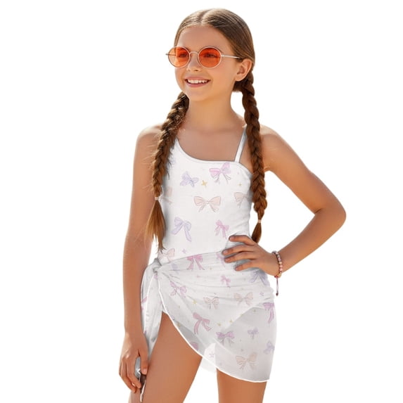 Whosucclay Pastel Pink Bow Pattern Girls One Piece Bathing Suit for Swim Pool, Removable Bra Tummy Control Girls One Piece Swimsuit with Cover Up, 11-12 Years Old