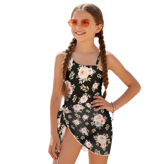 Whosucclay Pink Blooms Pattern Girls Swimsuits Set One Piece Swimsuit, Polyester Material Adjustable Strap Mesh Cover Up Girls One Piece Swimsuits, 17-18 Years Old