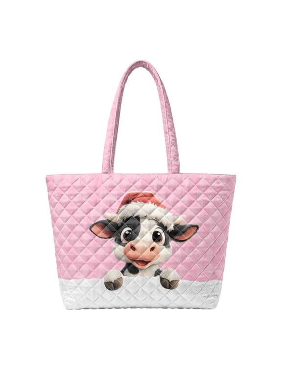 Pink Christmas Cow Print Quilted Tote Bag, Large Capacity Shoulder Handbag for Commute Travel Errands, Fits 15.6 Inch Laptop Tablet Portable Purse for Women
