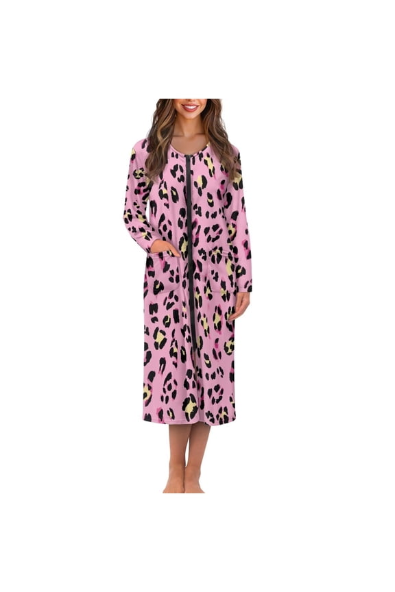 Pink Leopard Print Zipper Front Robes for Women Casual House Coat Long Sleeve Loungewear Women Zipper Robe Comfortable Long Nightgown with Pockets, 3XL
