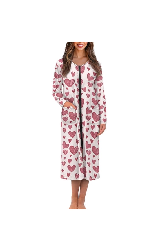 Pink Love Heart Print Zipper Front Robes for Women, Soft Women Zipper Robe Long Sleepwear with Pockets Comfy Long Sleeve Bathrobe Loungewear Casual Nightgown, L