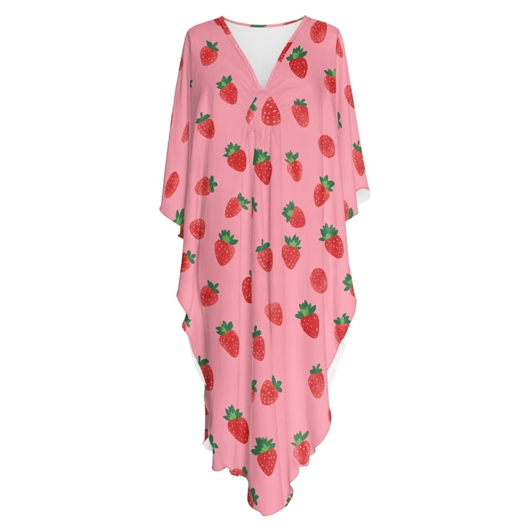 Whosucclay Pink Strawberry Pattern, Beach Dress for Women Skin-Friendly Mumu Dress Plus Size V-Neck Breathable Kaftan Dress for Pool Party, Women's