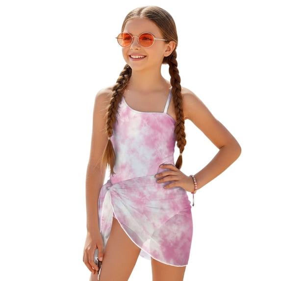 Whosucclay Pink Tie Dye Pattern Girls One Piece Swimsuit, Adjustable Strap Removable Pad Girls One Piece Swimsuits for Summer, 7-8 Years Old