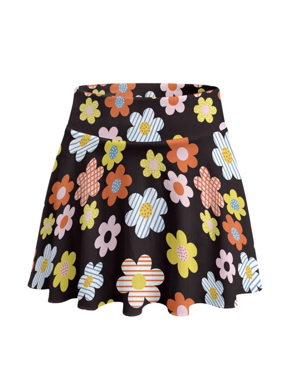 Playful Mixed-Pattern Floral Print Tennis Skorts, Built-in Shorts Flowy Athletic Skorts 2 Side Pockets Tennis Skirt for Yoga Pickleball, Size Large