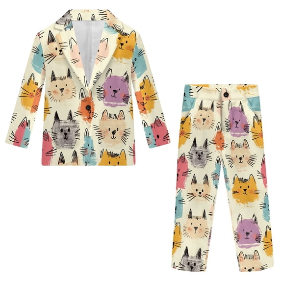 Whosucclay Polyester Cloth Colorful Cat Faces Boys Suit for Photograph Wedding, 2 Piece Boys Suit Set One Button Elastic Waist Non-Stretch