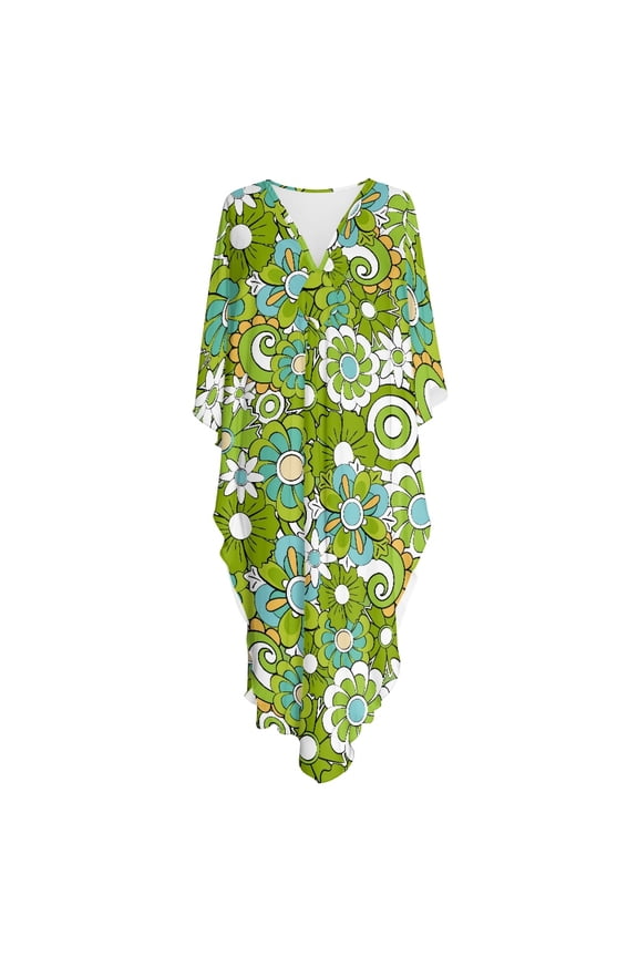 Pop Art Floral, Kaftan Dress for Women Moroccan Mumu Dress V Neck Batwing Sleeve Kaftan Cover Up Dress for Pool, Holiday Trip