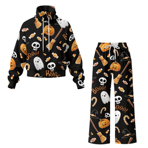 Whosucclay Pumpkin Skull Print Sweatsuits Women 2 Piece Outfit, Wear Resistant Cozy Lounge Set Soft Tracksuit Set for Outdoor