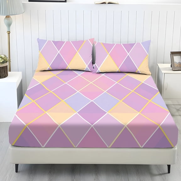 Whosucclay Purple Argyle Pattern High Stretch Fitted Sheet Trio with Home Decor for Teens Boys, Machine Washable Comfort Fade Resistant Fitted Sheet Set, Twin Size
