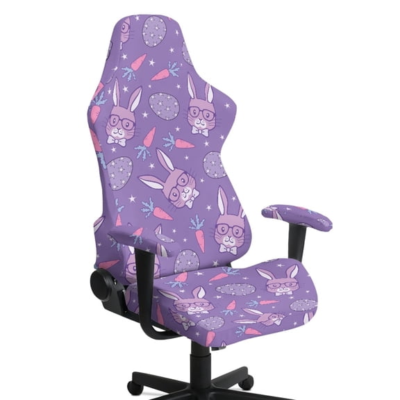 Whosucclay Purple Bunny Carrot Print Gaming Chair Covers, Stretchable Gamer Chair Protector Soft Breathable Scratch Resistant Gaming Chairs Seat Cover with 2Pcs Armrest Slipcovers Easter Decor