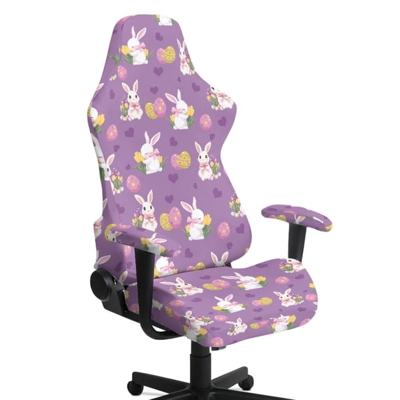 Whosucclay Purple Bunny Tulip Print Gaming Chair Slipcovers, Stretchable Office Chair Cover 4 Pcs Computer Desk Chairs Covers with Armrest Covers, Rotating Armchair Protector Cover Easter Decor