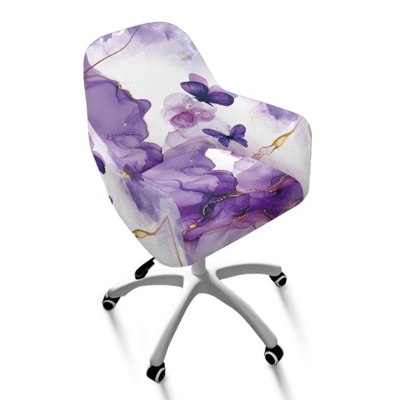 Whosucclay Purple Butterfly Marble Floral Print Curved Back Chair Covers with Arms Elastic Bar Stools Covers Washable Curved Back Armrests Chair Protector Water Resistant Dining Chair Slipcovers