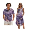 thumbnail image 1 of Whosucclay Purple Golden Marble Print Hawaiian Couple Matching Outfit Men's Short Sleeve Shirt Hawaiian Shirts for Summer and Women's Irregular Hem Sleeveless Dress Soft Beach Party Dress, L, 1 of 7