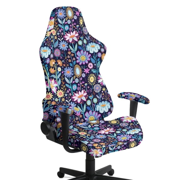 Whosucclay Purple Hippie Flower Print Gaming Chair Cover, Stretchable Elastic Computer Desk Chair Cover with Armrest Covers, 4Pcs Soft Non Fading Office Chairs Covers Slipcovers