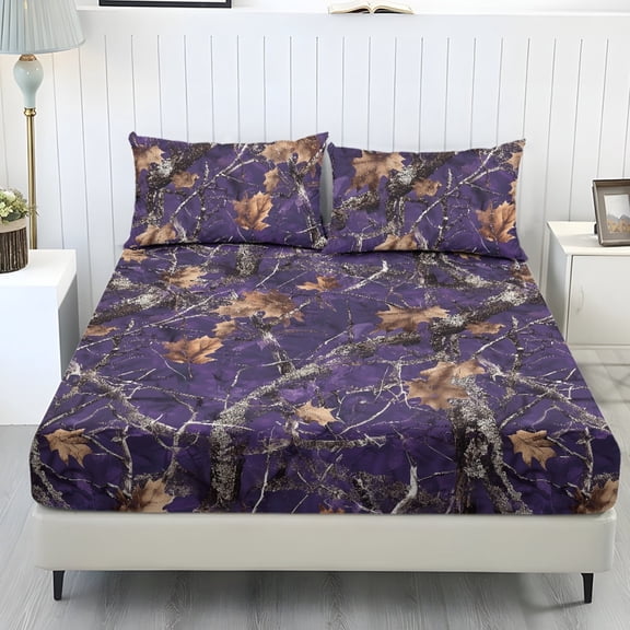 Whosucclay Purple Leaf Gold Three Pc Fitted Sheets, Snug Fit Fitted Sheet Set for Household, 1 Fitted Sheet and 2 Pillowcases, No Flat Sheet Cozy Elastic, King Size