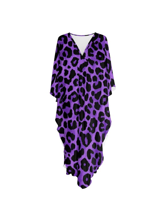 Purple Leopard Print, Swimsuit Cover Up for Women Maxi Length Moo Moo Dress Oversized Flowy Kaftan Maxi Dress for House, Pool Party