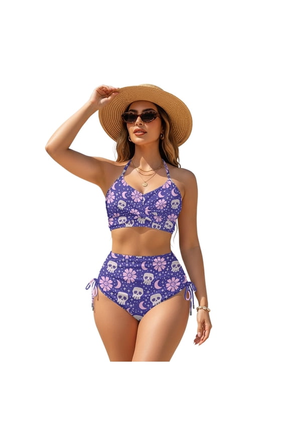 Purple Skull Floral Moon High Waist Women High Waisted Bikini Sets, Drawstring Womens High Waisted Bikini Sets Knot Front Comfortable Size Medium