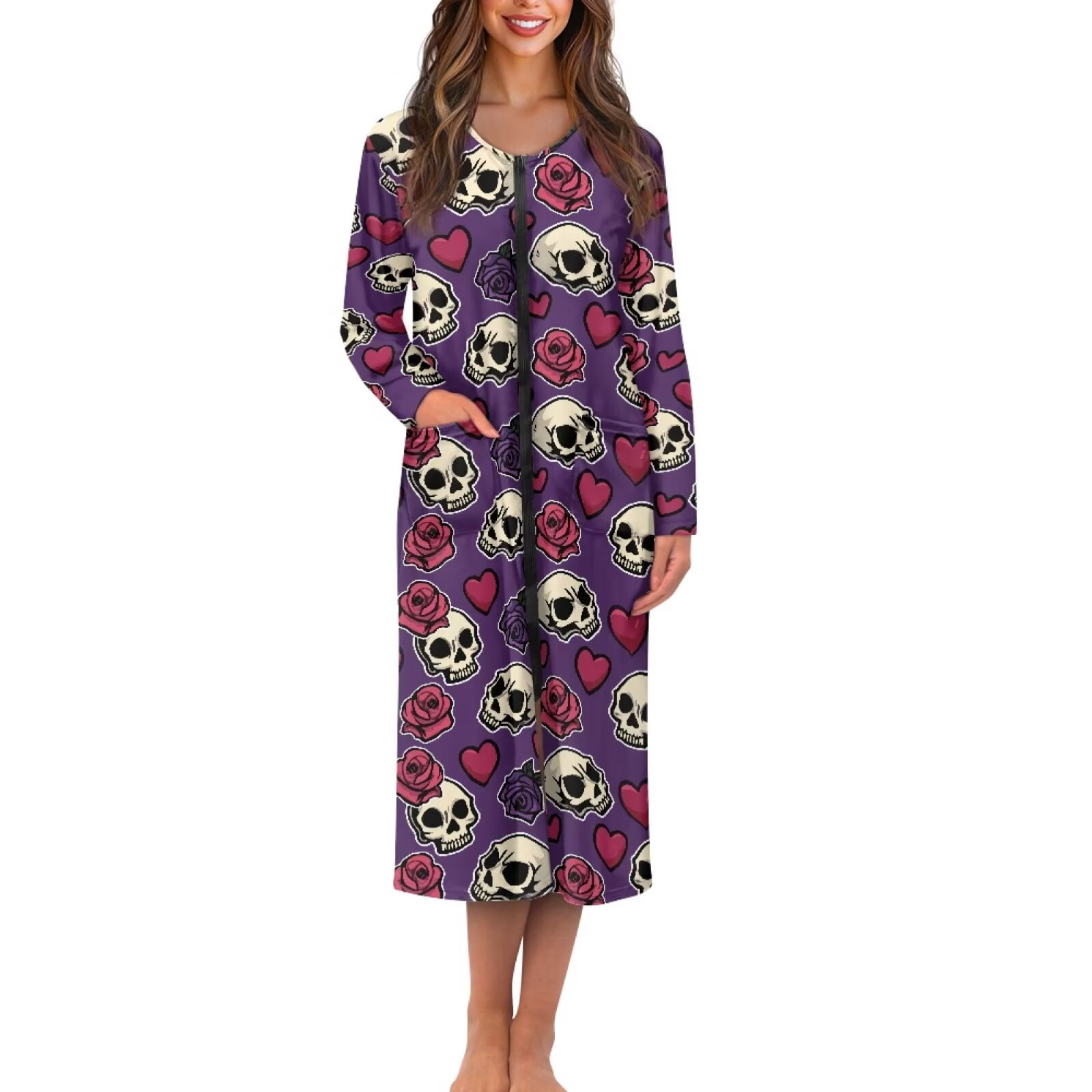 Skull Robe Whosucclay Purple Skull Rose Heart Print Zipper Front Robes for Women ...
